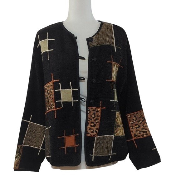 Vintage 90s Black Tapestry Jacket Geometric Animal‎ Print Patches Artsy Large - Picture 2 of 14